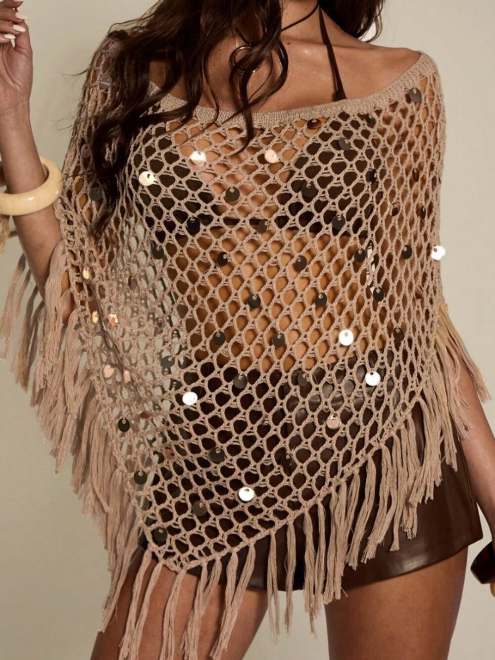 Grey Sexy Hollow-Out Sequins Tassel Women's Shawl - Picture 4 of 8